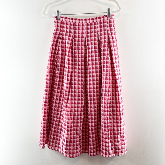 Eva Franco Plaid Full Textured Pleated A-Line Midi Skirt Pink Combo 4 - Picture 3 of 5